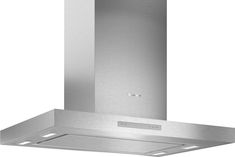 a stainless steel range hood with lights on the side and an exhaust vent above it