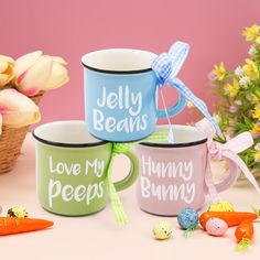 three coffee mugs with the words love my peeps and jelly beans on them