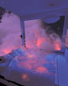 an image of a bedroom with pink clouds in the sky and moon on the window sill