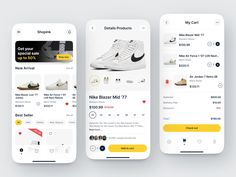 three mobile screens showing different items on the same page, including sneakers and shoes for sale