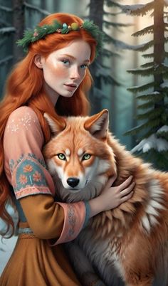 a woman with red hair is holding a fox