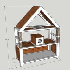 a drawing of a dollhouse with the roof down and shelves below it, including a cat house