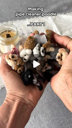 a person holding a pile of stuffed animals in their hands with the caption making pipe cleaner poodle part 1