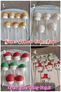 Super Mario Pilz-Cake-Pops Super Mario Bros Strawberries, Mario Birthday Party Sweets, Yoshi Cake Pops, Mario Bro Cakes, Diy Mario Cake Pops, Mario Power Up Cake, Mario Birthday Party Dessert Table, Super Mario Bros Cake Easy, Mario Baked Goods