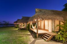 a house that is sitting in the grass with a hammock hanging from it's roof