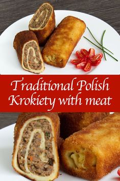 traditional polish krokiety with meat on a white plate next to some vegetables