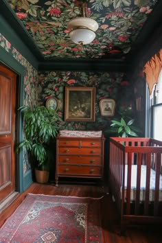 a baby's room with a crib, dresser and painting on the wall