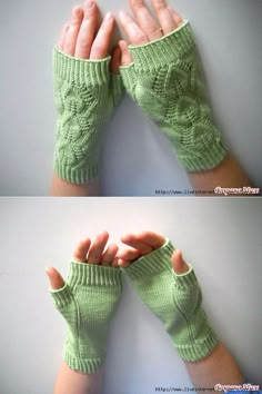 two pictures of hands wearing green knitted gloves