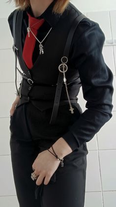 Fancy Outfits Masculine, Bartender Aesthetic Outfit, Red Alt Aesthetic, Gothic Masc Outfits, Black Bartender Outfit, Silver Prom Suit, Alt Prom Outfits, Black And Red Aesthetic Outfit, Red Prom Suits