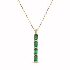 This beautiful emerald and diamond accent pendant boasts four emerald cut emeralds and six round brilliant cut diamonds in glistening 14K yellow gold. The rich hue of the gold complements the vibrant green emeralds, creating a stunning contrast that catches the eye. | Emerald and Diamond Accent Vertical Bar Pendant Necklace | 14K Yellow Gold | Size 16" | Helzberg Diamonds Emerald Jewellery, Helzberg Diamonds, Bar Pendant Necklace, Vertical Bar, Bar Pendant, Emerald Stone, Emerald Jewelry, Unisex Jewelry, Green Gemstones