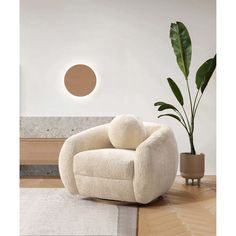 a living room with a white chair and a potted plant on the floor next to it