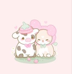 two cats and a dog sitting next to each other on a pink background with hearts