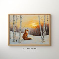 a painting of a fox sitting in the snow with trees behind it, and an orange sky