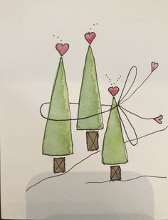 three christmas trees with hearts on them are drawn in watercolor and ink by hand