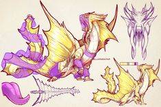 an image of some type of creature with horns and wings on their back, in various poses