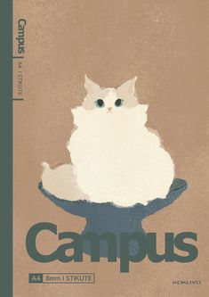 a white cat sitting on top of a blue bowl with the word campus written below it