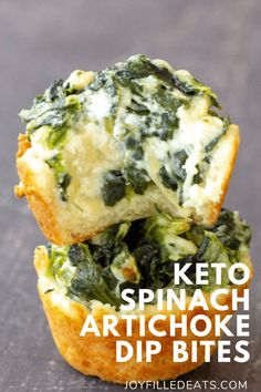 two spinach artichoke dip bites stacked on top of each other