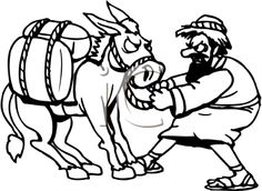 a black and white drawing of a man kneeling next to a donkey with a backpack on it's back