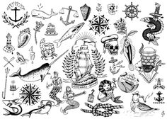 an old school tattoo design with many different tattoos and designs on it, including anchor, ship