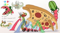 an image of some cartoon characters with pizzas on their heads and watermelon in the background