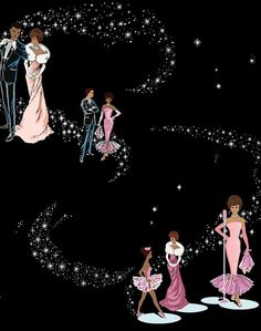 three women in evening gowns are standing on the moon with stars and sparkle behind them