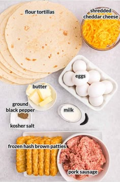 the ingredients to make an egg burrito laid out on a white counter top with text overlay