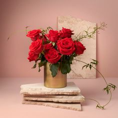 red roses are in a gold vase on top of two stacked books, against a pink background