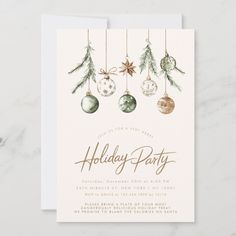 a holiday party card with ornaments hanging from the strings and pineconi on it