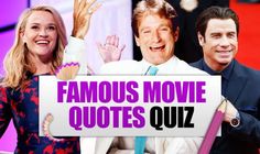 two people standing next to each other in front of a sign that says famous movie quotes quiz