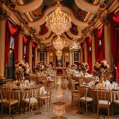 an elaborately decorated ballroom with chandeliers and tables set up for formal function