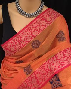 Orange Cotton Saree, Indian Wedding Sarees, Kerala Saree Blouse, Kerala Saree Blouse Designs, Pink Border, Handloom Fabric