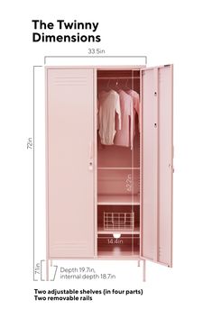 a pink locker with the measurements for two doors and one door open to show clothes hanging on hangers