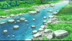 a river running through a lush green forest filled with rocks and grass next to a small stream