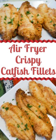 air fryer crispy cajun fish fillets on a white plate with red border