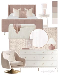 a bedroom with white furniture and pink accents on the walls, along with beige accessories