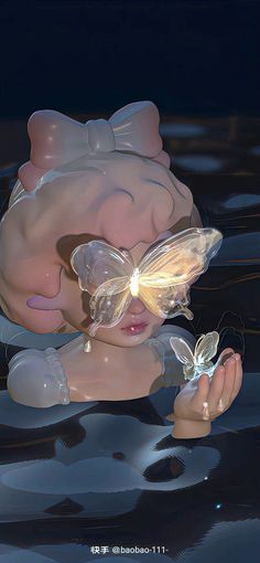 a digital painting of a baby in water with a butterfly on it's head