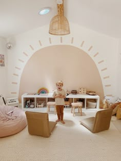 a child is standing in the middle of a playroom with furniture and toys on the floor