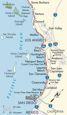 a map showing the location of los angeles and its major cities, including san diego