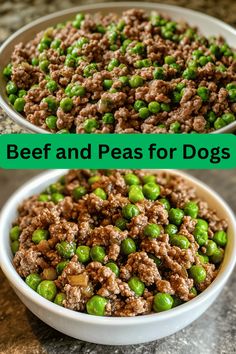 two bowls filled with beef and peas for dogs