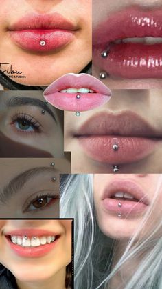 various images of different lips with piercings on each lip and the same one in between them