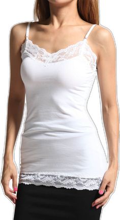 Lace Trim Camisole Tank Top For Sleep, Stretch Lace Trim Camisole Tank Top, White Lace Trim Camisole For Sleep, White Cami Tank Top With Lace Trim, White Lace Trim Tank Camisole, Suit Covers, Lace Trim Cami, Beach Swim, Lace Tank Top