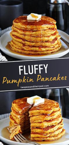 fluffy pumpkin pancakes with butter and syrup on top