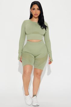 Available In Lavender And Sage. Active Top Crew Neck Long Sleeve High Waist Biker Short Elastic Waistband Cut Out Detail Seamless Medium Impact Stretch 90% Nylon 10% Spandex Imported | Time Is Up Seamless Active Set in Sage size Small by Fashion Nova Green Moisture-wicking Crop Top, Green Seamless Crop Top For Sports, Seamless Green Crop Top For Sports, Green Seamless Sports Crop Top, Seamless Supportive Spring Activewear, Spring Seamless Supportive Activewear, Stretch Green Crop Top For Gym, Green Stretch Crop Top For Gym, Green Compression Seamless Tops