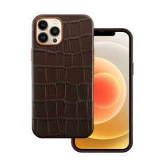 an iphone case with brown alligator skin on the front and back side, showing the phone's camera lens