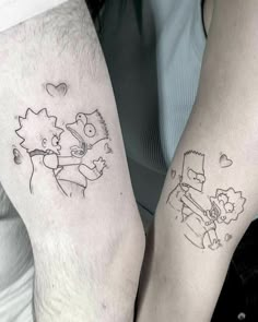 two people with matching tattoos on their arms, one has a cat and the other has a dog