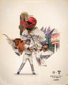 two baseball players and a bull are depicted in this collage with the words rangers on it