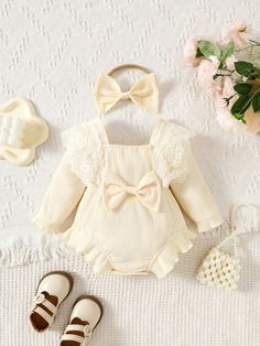 2pcs/Set Baby Girls Lovely Lace Bow Romper & Headband, Autumn/Winter Set Apricot     Plain  Slight Stretch  Baby Girls Clothing, size features are:Bust: ,Length: ,Sleeve Length: Woman Costumes, Luxury Baby Clothes, Mesh Romper, Winter Set, Lace Bows, Inspiration Mode, Newborn Outfits