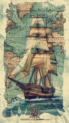 a drawing of a ship in the ocean with a map on it's side