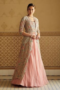 Buy Pink Organza Embroidery And Applique Sequin V Neck Jacket Lehenga Set For Women by Osaa by Adarsh Online at Aza Fashions. Lehenga With Long Jacket, Anarkali With Jacket, Pink Anarkali, Long Gown Design, Taffeta Skirt