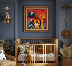 a baby's room with a giraffe painting on the wall